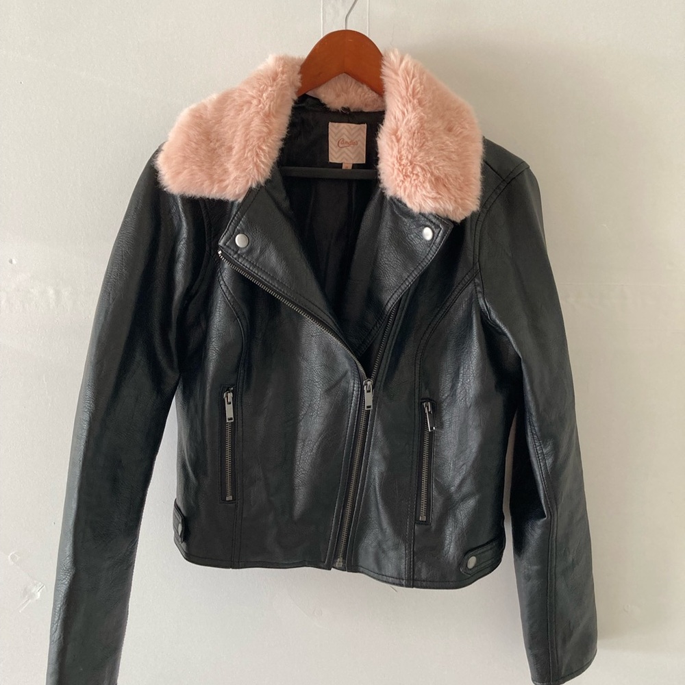 NWOT!! Candie's Black VEGAN Leather MOTO Jacket with Pink Collar
